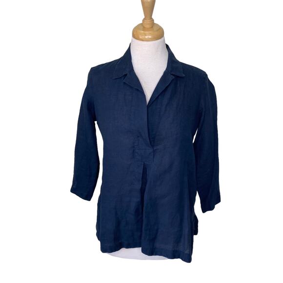 GRASSROOT by Anita Dongre 100% Linen Split Neck Collared Pleated Blouse Navy - Picture 1 of 10